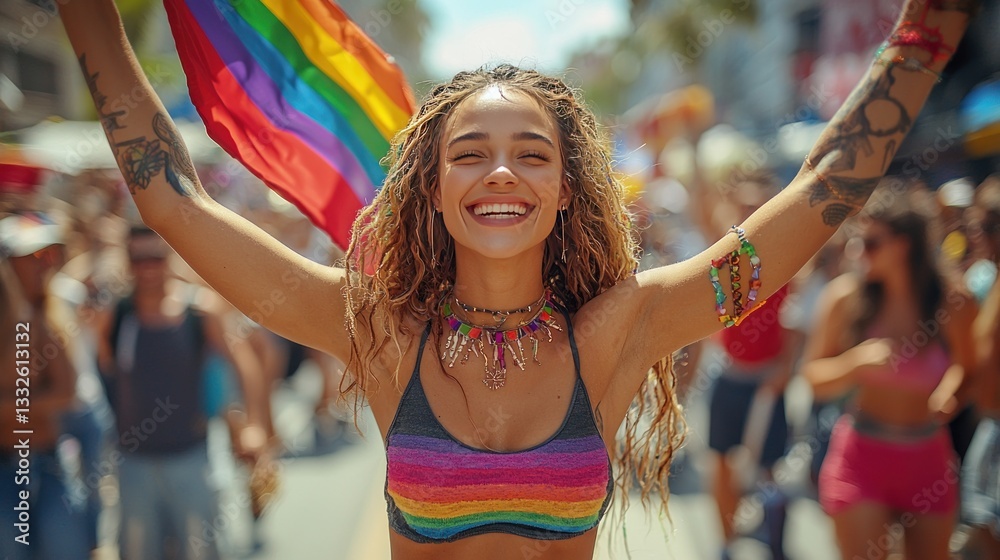 Joyful Woman Celebrates Pride Parade in City Street Joyful Woman Celebrates Pride Parade in City Street