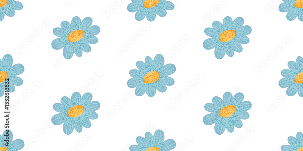 Seamless pattern with blue daisy flowers on a white background. Floral template for textile, wallpaper, wrapping paper, and print. Seamless pattern with blue daisy flowers on a white background. Floral template for textile, wallpaper, wrapping paper, and print.