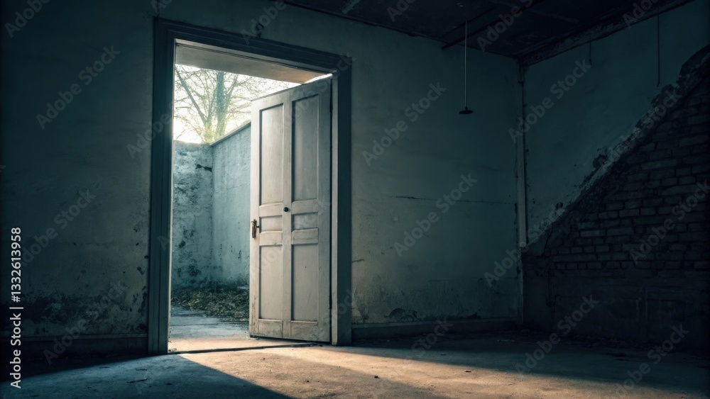 Mysterious open door leading to unexplored shadows abandoned building photography dimly lit environment ground level viewpoint concept of a door that leads to nowhere suspended in mid-space Mysterious open door leading to unexplored shadows abandoned building photography dimly lit environment ground level viewpoint concept of a door that leads to nowhere suspended in mid-space