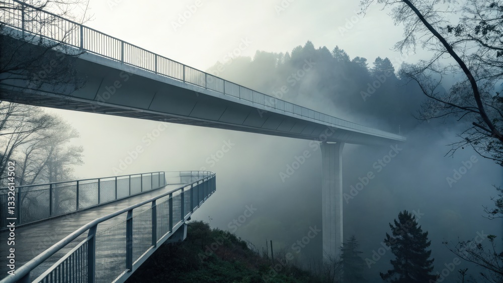 Obraz premium Misty modern minimalist bridge disappearing into fog scenic landscape architectural photography serene environment wide angle view conceptual aesthetic