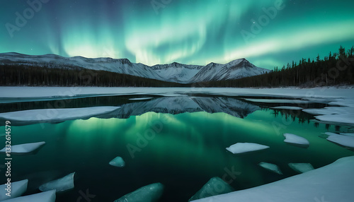 Aurora Over Frozen Lake with Mountain Reflection photo