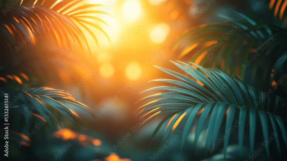 Sunlight dances through green leaves, creating a warm glow in a peaceful tropical paradise of vibrant flora Sunlight dances through green leaves, creating a warm glow in a peaceful tropical paradise of vibrant flora