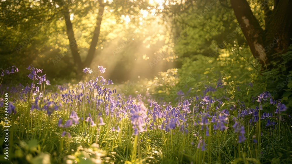 Obraz premium Sunlit Bluebells in a Lush Forest