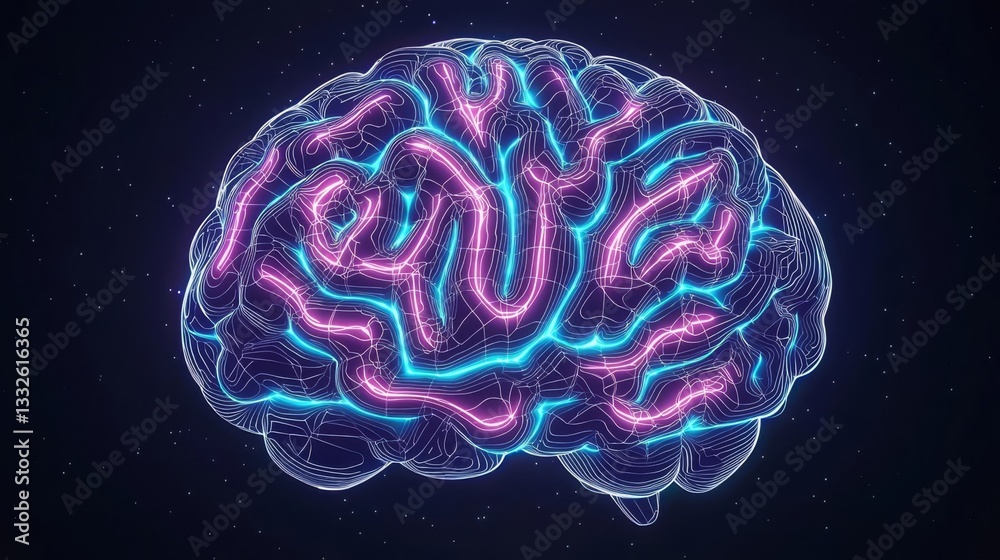 Obraz premium A vibrant and intricate representation of a human brain with glowing neural pathways.