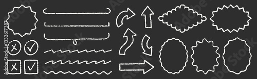 Cute Chalk Blackboard Emphasis Squiggles Vector Set. Crayon Scribble Graffiti Arrows Frames Speech Bubbles Underlines. Hand Drawn Brush Texture Flag Shapes Highlights. Pencil Heraldry Charcoal Doodles