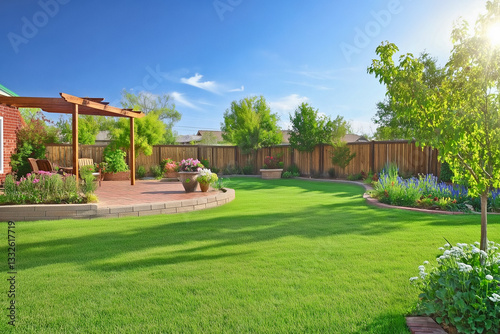 green grass lawn, plants and wooden fence in modern backyard patio