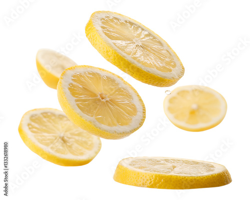 Thin Slices of Juicy Lemon Floating in Mid-Air – Fresh and Vibrant