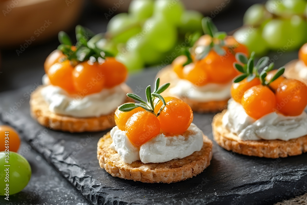 Crostini appetizers with cream cheese golden berries and rosemary sprigs on a dark slate platter with grapes in the background. Crostini appetizers with cream cheese golden berries and rosemary sprigs on a dark slate platter with grapes in the background.