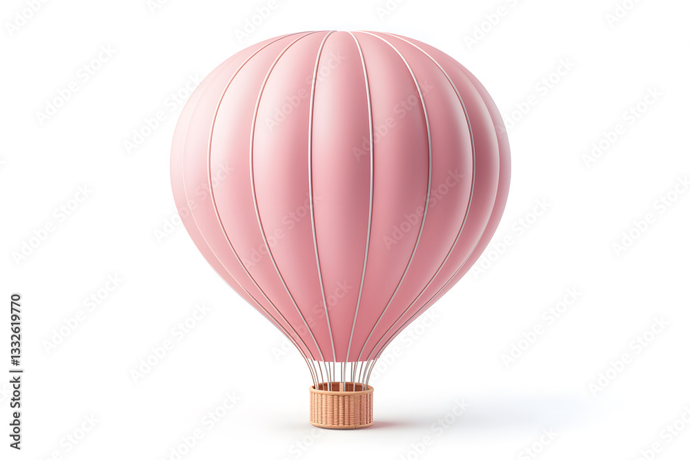 Fototapeta premium A pink striped hot air balloon with a simple wooden basket sits isolated on a white background casting a soft shadow.