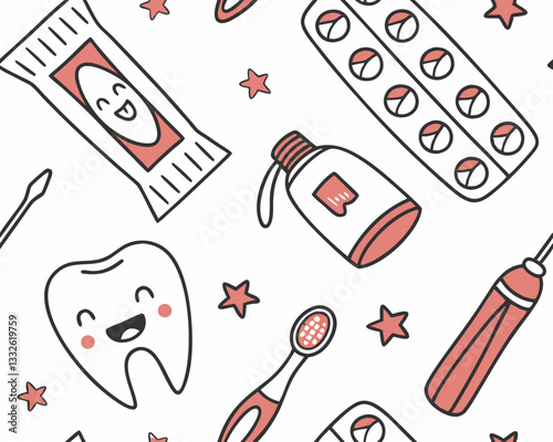 Magic teeth toothpaste medcine gums fun doodle pattern stomatology tools