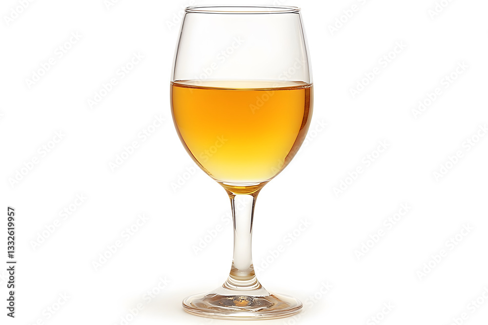 Elegant wine glass filled with a golden liquid isolated against a crisp clean white background. Elegant wine glass filled with a golden liquid isolated against a crisp clean white background.