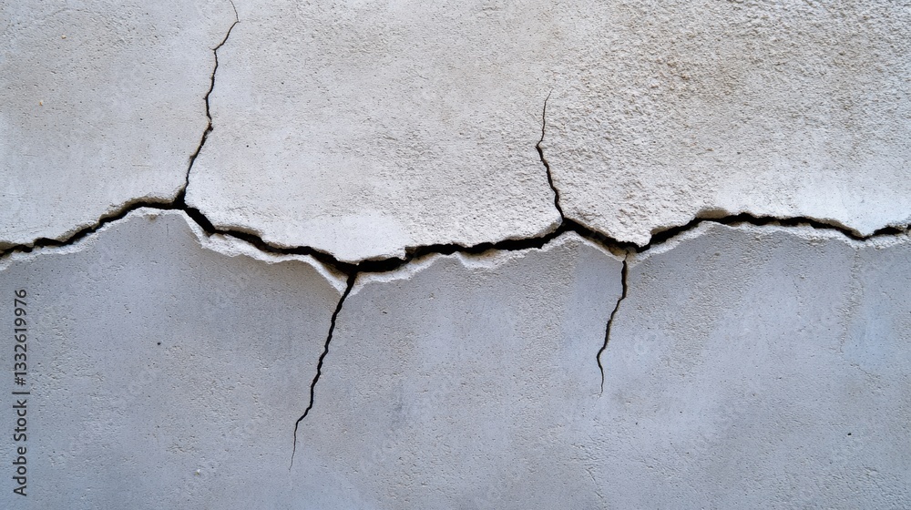 Obraz premium A large, jagged crack runs horizontally across a gray concrete wall, indicating structural damage or stress, suggesting disrepair and aging.