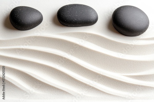 Minimalist design featuring smooth black stones on soft white wa