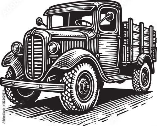  Vintage Truck Vector Black Outline