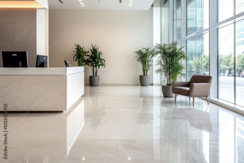 Modern reception area with sleek design, elegant furniture, and Modern reception area with sleek design, elegant furniture, and