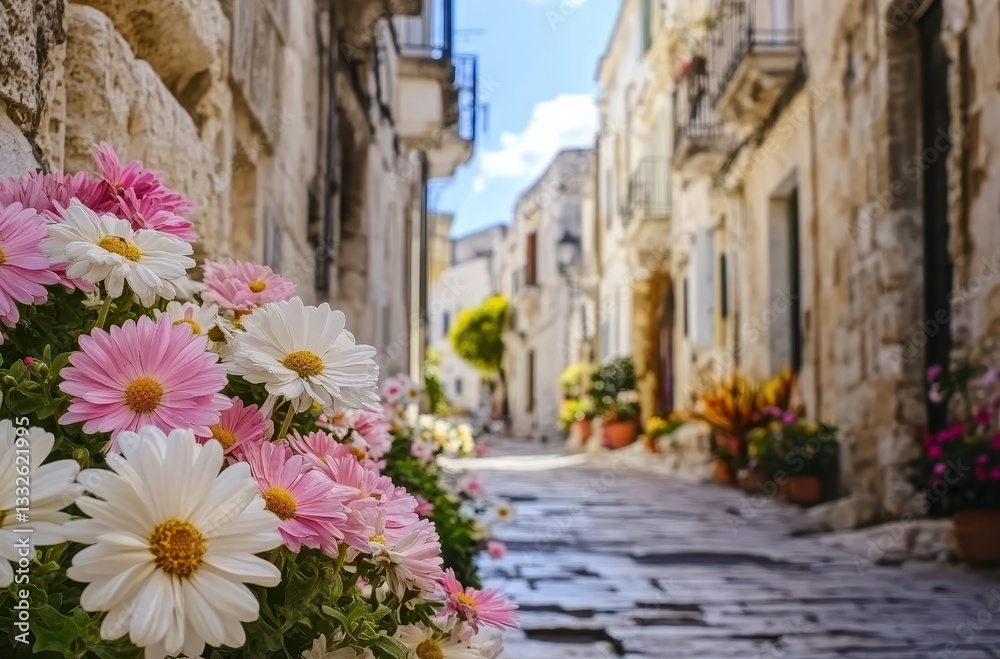 Fototapeta premium Charming cobblestone street with colorful flower blooms in an idyllic town setting, captured on a sunny day in spring season full of vibrant details