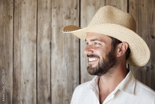Smiling man in straw hat stands against rustic wooden background