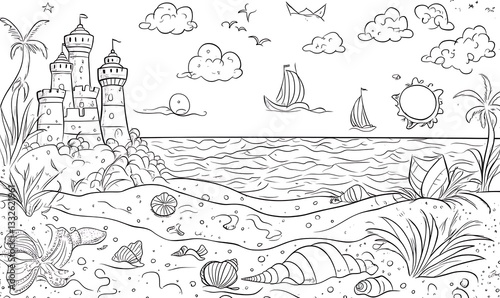 Wallpaper Mural A line drawing depicting a beach scene with castle and sailboats Torontodigital.ca