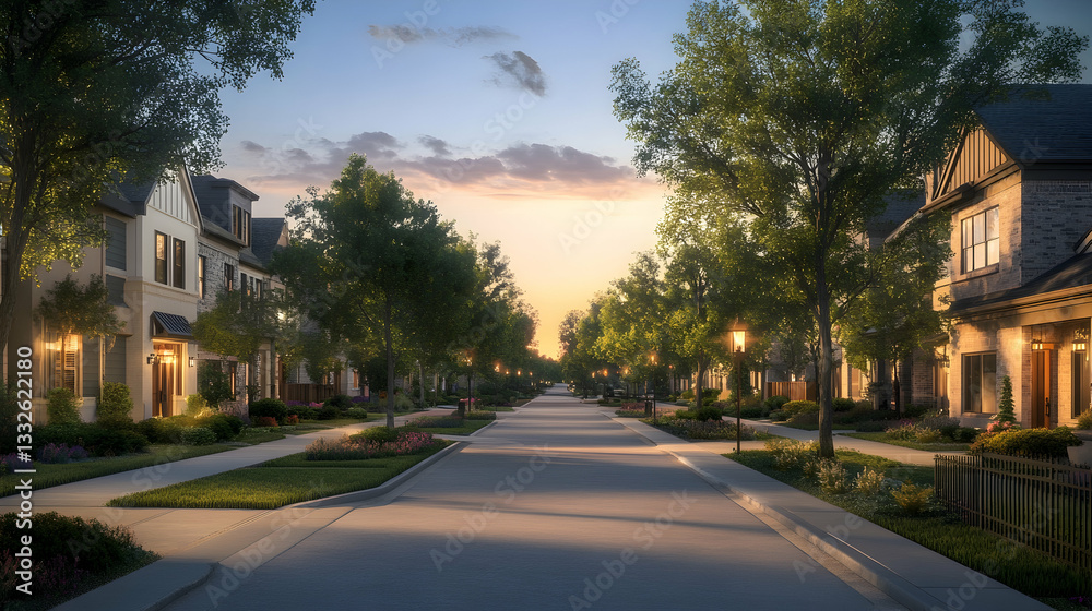 Fototapeta premium Quiet Suburban Street with Tree-Lined Sidewalks at Sunset