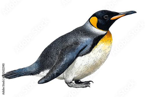 Striking King penguin standing, ornithological illustration, cut out transparent