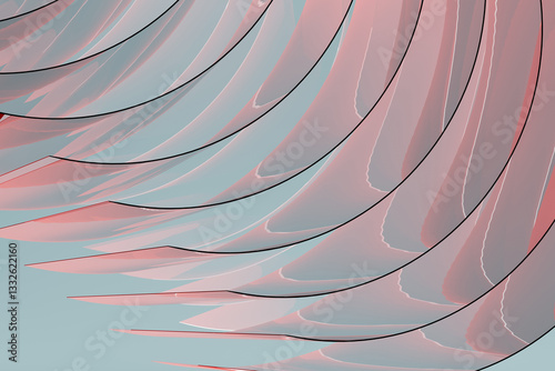 Abstract background, pattern - soft light thin curved glass stripes, layered, reflection on pastel pink blue gradient color. 3D rendering. Geometric minimalist design with gentle, calm, sweet vibe. photo