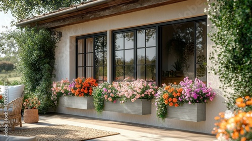 Outdoor patio with colorful flower boxes