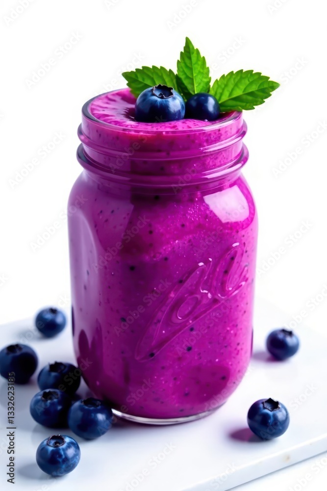Vibrant blueberry smoothie, textured mason jar, isolated, cold, recipe Vibrant blueberry smoothie, textured mason jar, isolated, cold, recipe