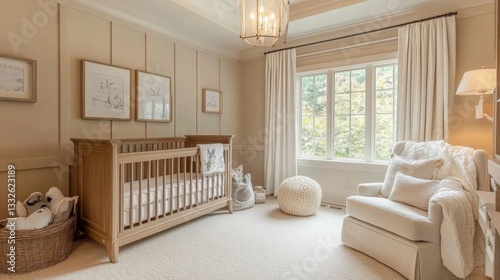 Decorating a neutral-toned baby room home interior design cozy environment wide angle view serene concept