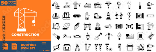 Construction Duotone Editable Icons set. Vector illustration in modern thin duotone style of construction icons: Construct, worker, tools, machines, oil, etc