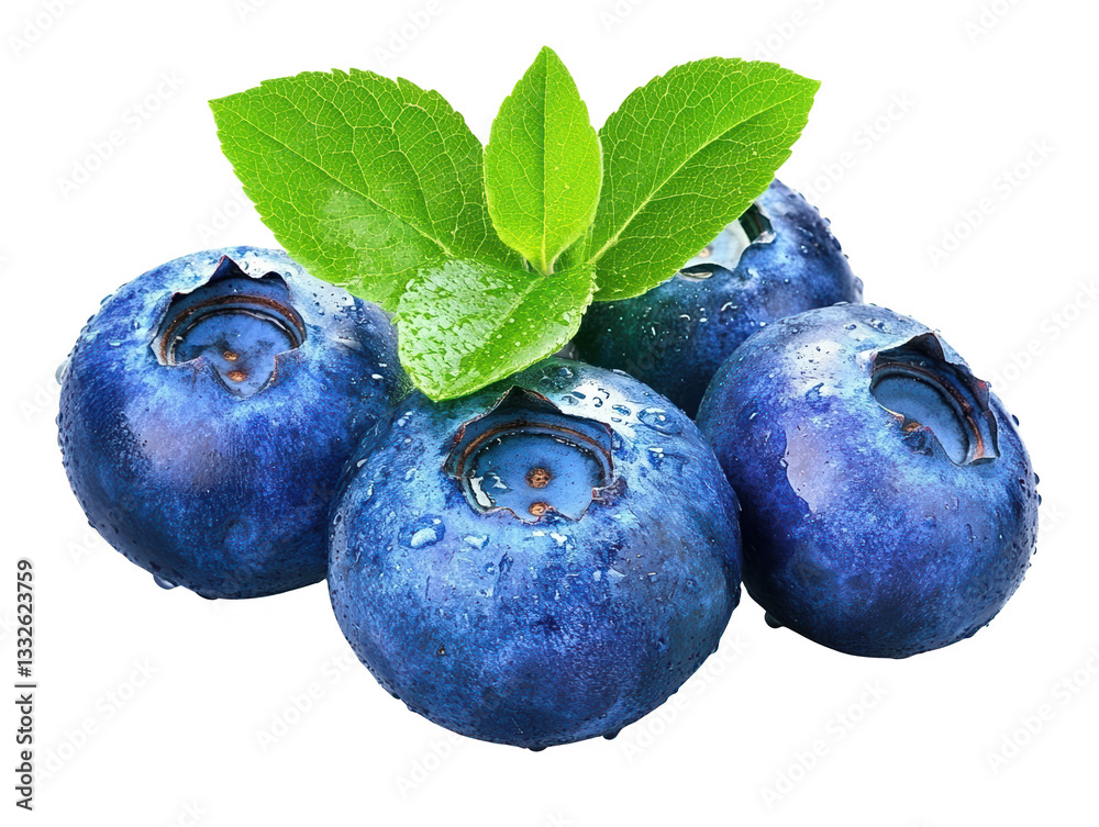 Obraz premium Blueberries with leaves. Fresh berries isolated on transparent background. Appetizing delicious dessert. Benefits and vitamins. Color photo.