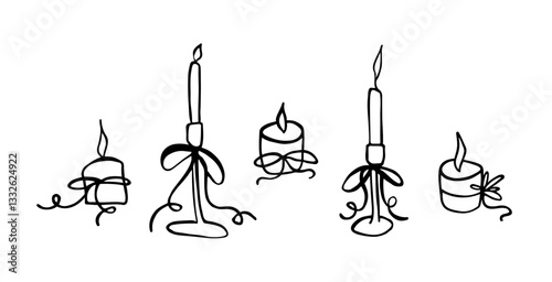 Set of candles in doodle style. Hand drawn clipart, curved line. Trendy ribbon bows in Coquette Aesthetic style. Wedding celebration, holiday, party decoration, gift. Vector illustration.