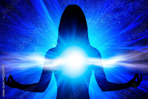 Illustration. Silhouette of meditative woman with a bright light radiating from her