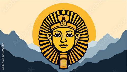 Incan sun mask illustration illuminating mountainous backdrop, cultural symbolism