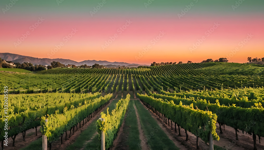 Naklejka premium Sunset Vineyard Rows with Mountain Backdrop