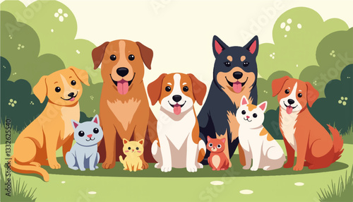 Happy pets gathering in a backyard setting, joyful companionship