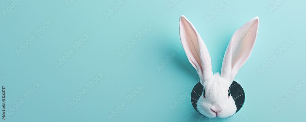 Naklejka premium Głowa królika wystająca z sziiury w kartce, motyw wielkanocny. Rabbit head sticking out of a hole in a piece of paper, Easter motif.