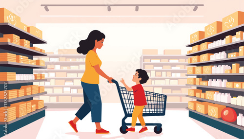 Single parent shopping with child in grocery store, family bonding