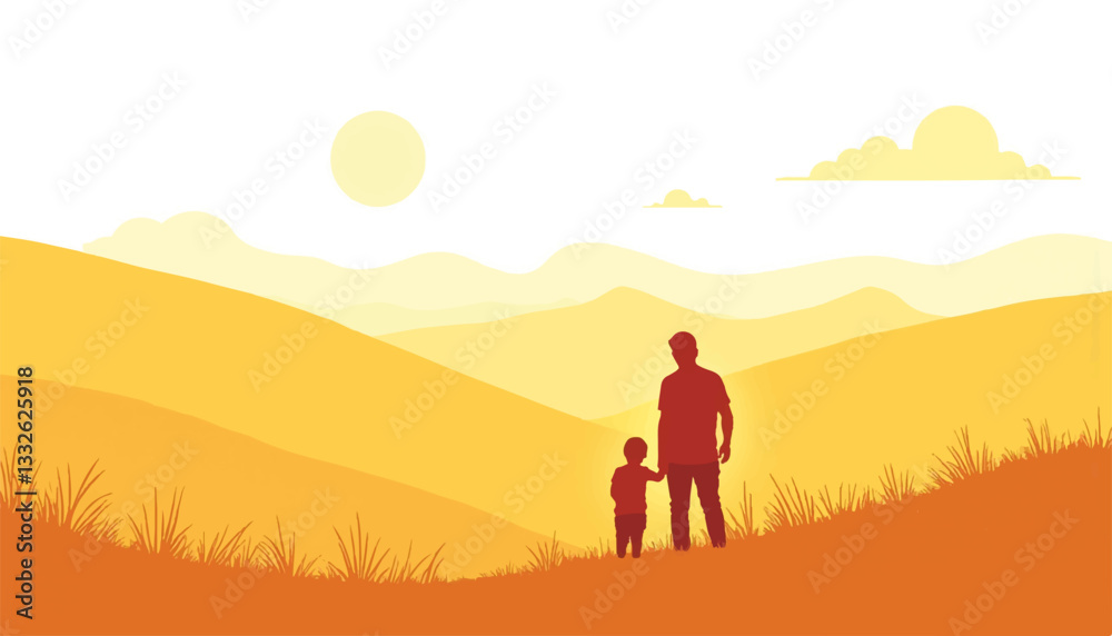 Father and child enjoying nature in golden countryside, family bond Father and child enjoying nature in golden countryside, family bond