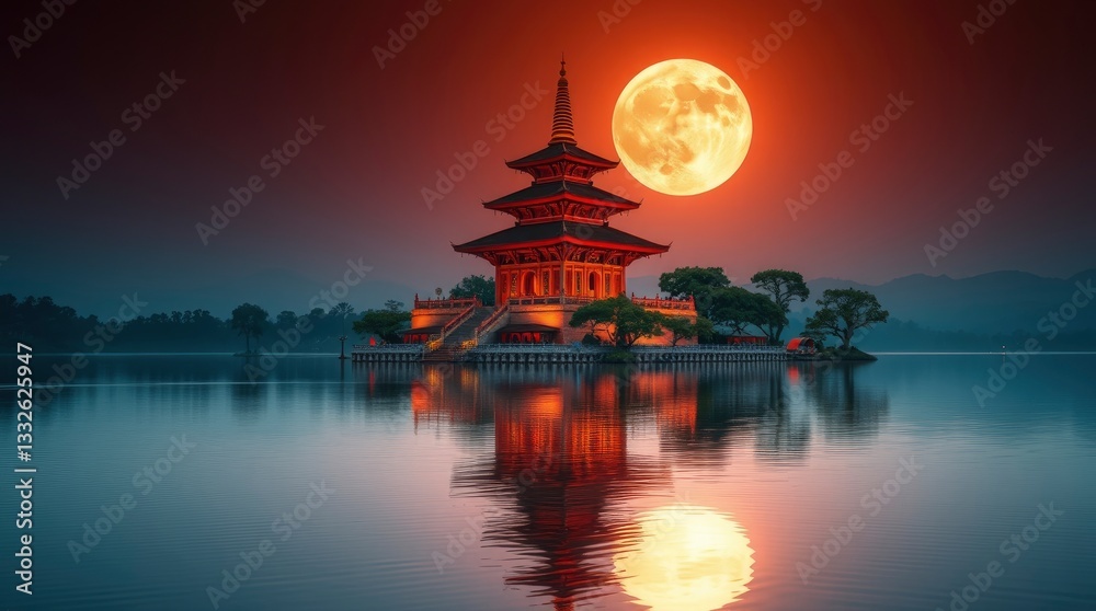 Obraz premium Serene Pagoda Lake Sunset with Giant Moon Reflection