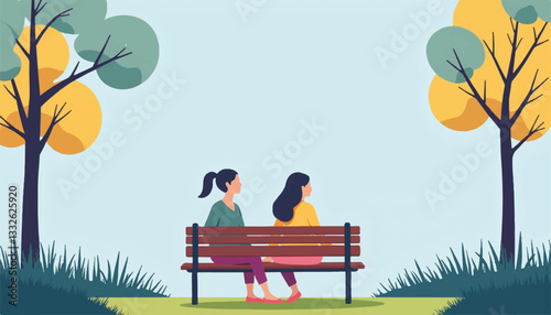 Mother and daughter enjoying peaceful moments on park bench, family bond
