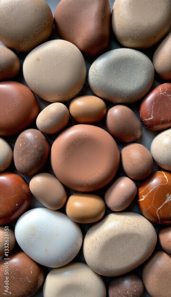 A flat lay of smooth, oval-shaped stones in various shades of brown and beige, creating a natural, textured pattern, evoking a sense of earthiness and organic beauty A flat lay of smooth, oval-shaped stones in various shades of brown and beige, creating a natural, textured pattern, evoking a sense of earthiness and organic beauty