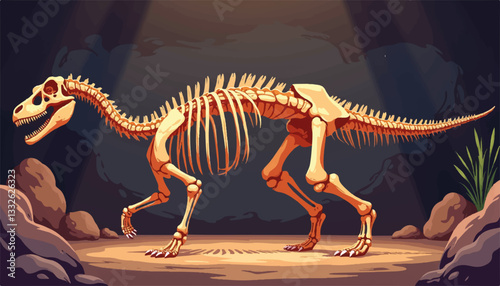 Dinosaur fossil exhibit illuminating skeletal structure, educational display