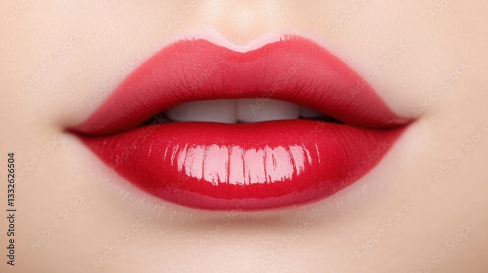 Obraz premium A stunning close-up of lips with a flawless ombre lipstick effect, transitioning from deep red at the edges to soft pink in the center.