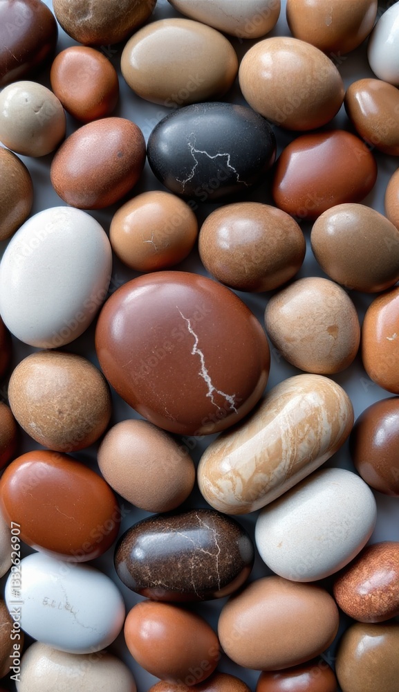 A flat lay of smooth, oval-shaped stones in various shades of brown and beige, creating a natural, textured pattern, evoking a sense of earthiness and organic beauty A flat lay of smooth, oval-shaped stones in various shades of brown and beige, creating a natural, textured pattern, evoking a sense of earthiness and organic beauty