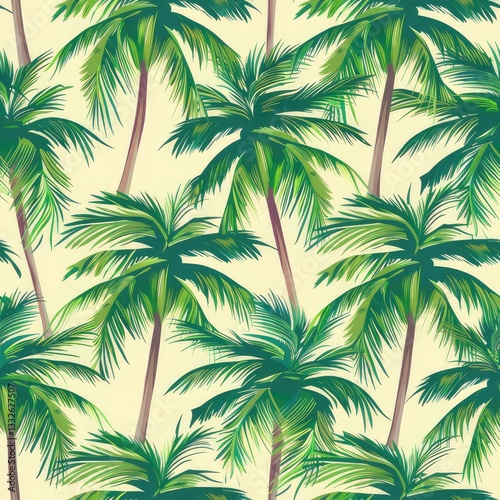 A seamless repeated pattern of palm trees against a white background