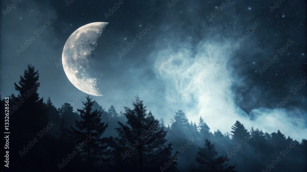 Fototapeta premium Mysterious half moon glowing softly over a deep forest nighttime landscape photography enigmatic atmosphere serenity surreal viewpoint