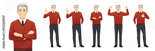 Set of mature business man in different positive poses. Greeting, showing ok sign, thumb up, exited, smiling with crossed hands. Isolated vector illustration