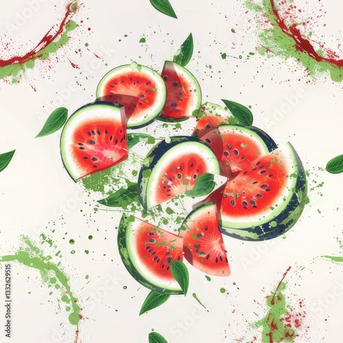 A seamless pattern of watermelon slices on a bright white background