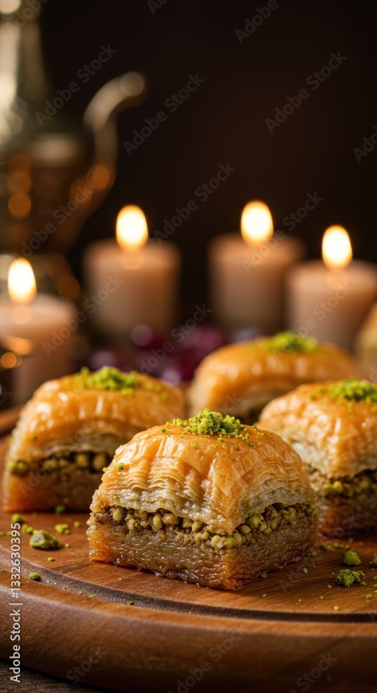 Naklejka premium Baklava pieces with nuts are beautifully arranged on a wooden platter amidst candles