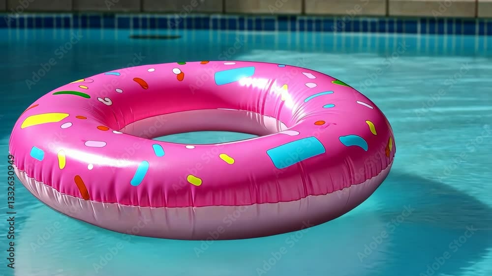 Colorful inflatable donut pool float resting in clear blue water at a sunny poolside